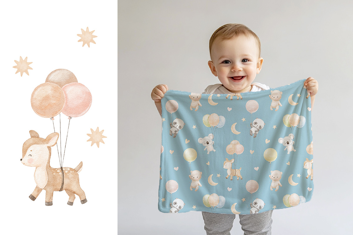 Cute watercolor animals with balloon, an Animal Illustration by ElenaPlatovaArt (Photo 8 of 11)