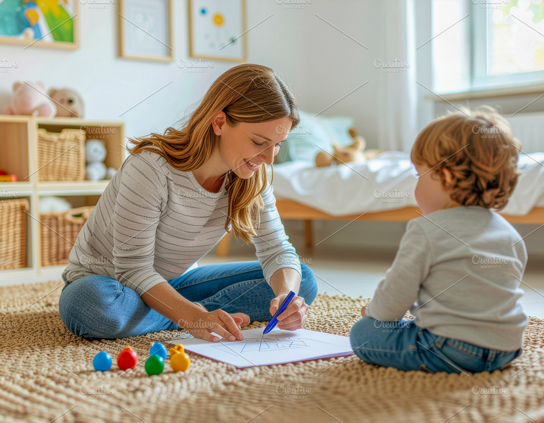 Mother and child drawing together at home, a Person Photo by DanFLCreativo