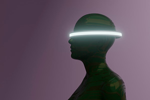 Green circuit humanoid with glowing circular visor