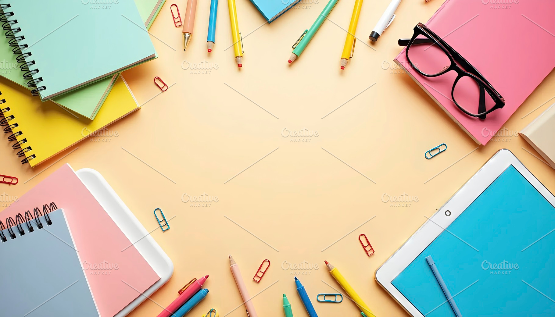 Flat Lay Office Desk with Colorful S, a Photo by LOGOCREATIVE