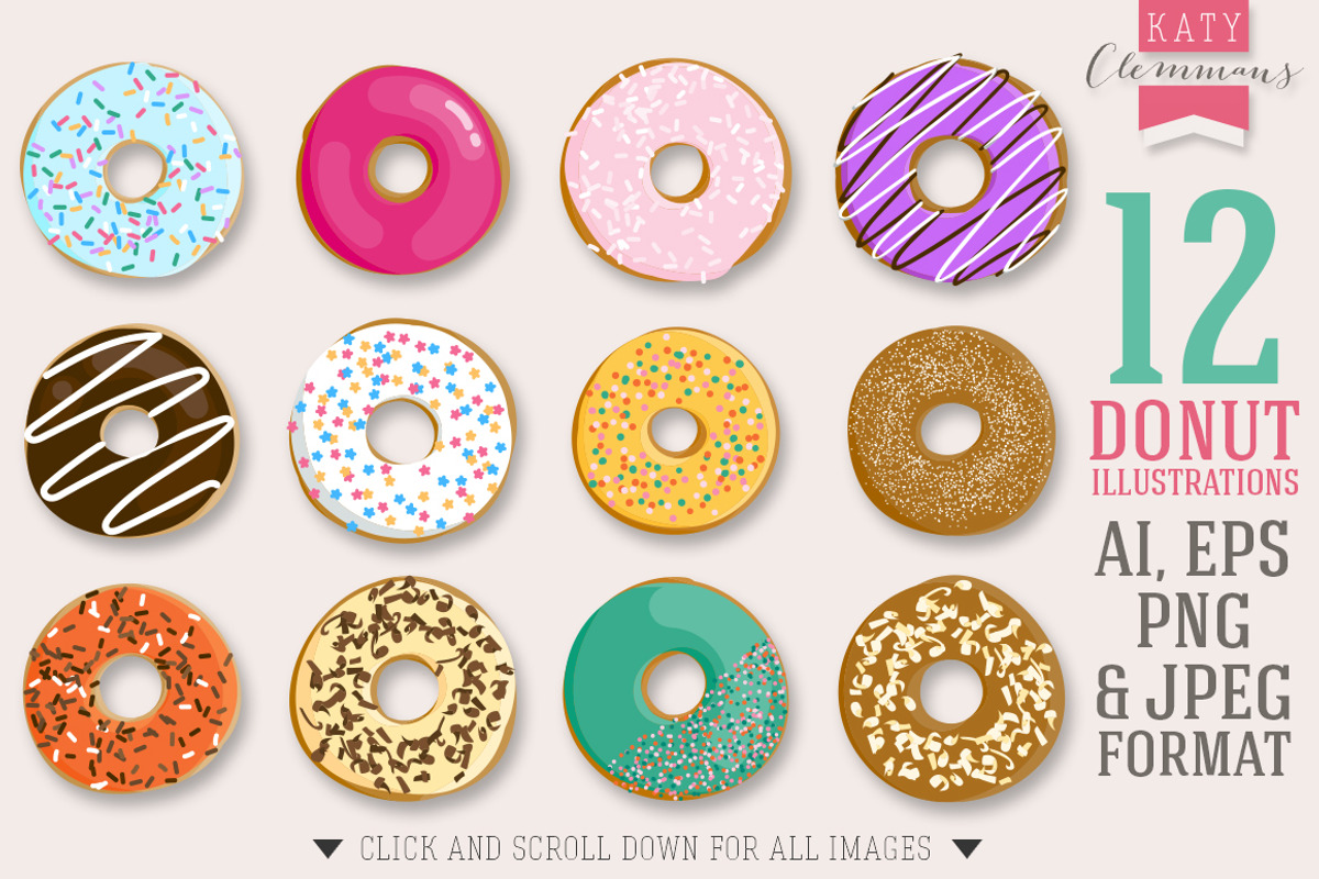 Donut Delight clip art illustrations, a Food Illustration by Katy Clemmans (Photo 5 of 5)