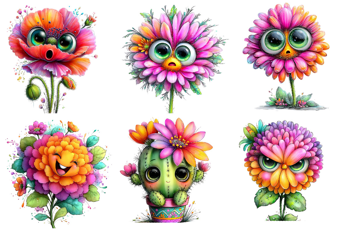 Watercolor Funny Flowers Clipart, an Illustration by Designworld (Photo 6 of 6)