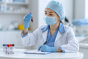 Medical professional examining blood