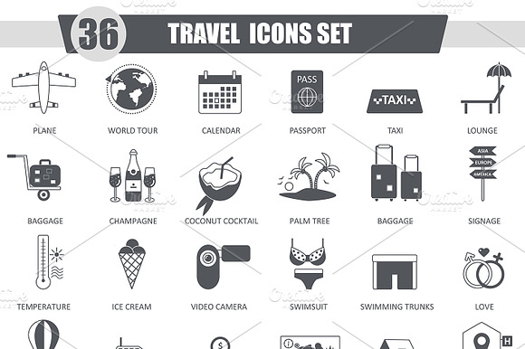 36 Travel Black Icons Set.