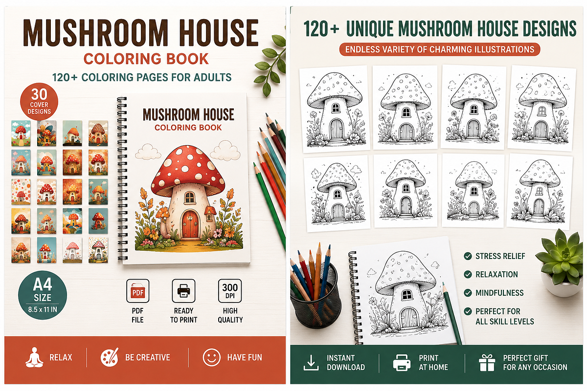 Mushroom House Coloring Book Pages, a Pattern Graphic by S Graphic Studio (Photo 2 of 3)