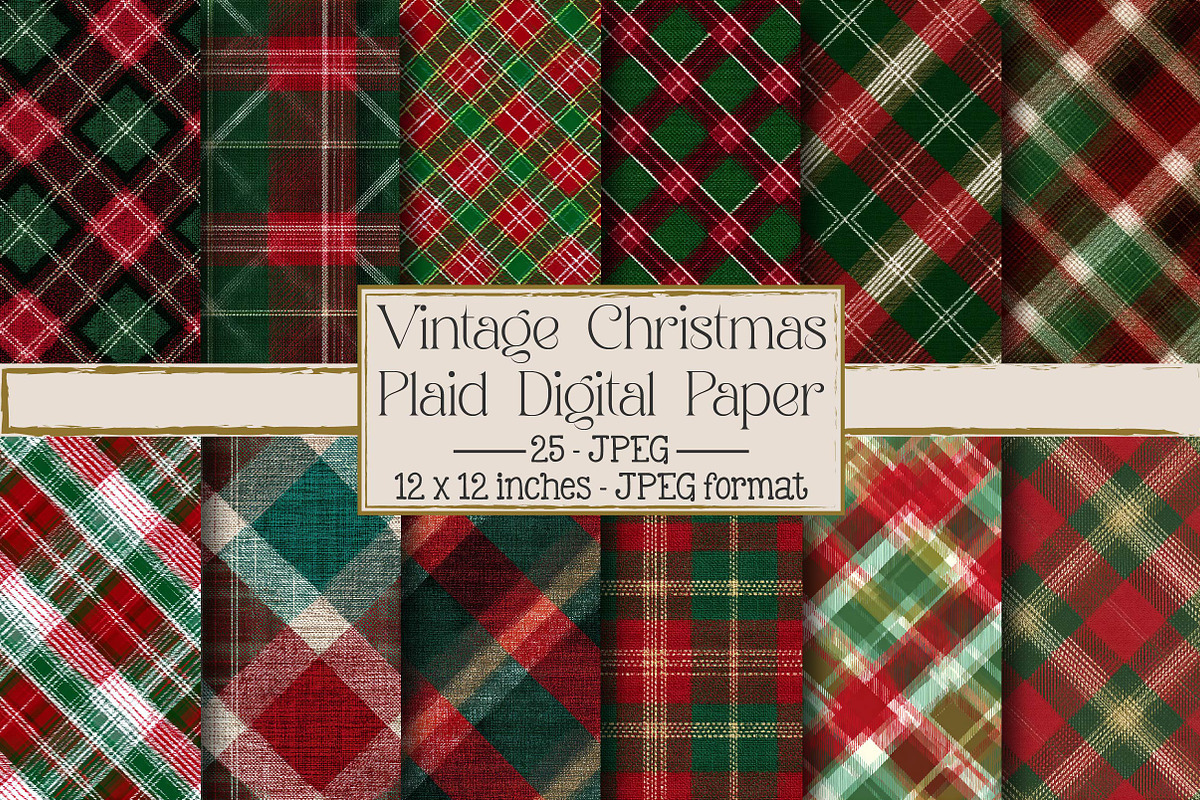Vintage Christmas Plaid Digital Pape, an Illustration by DreamPrint404