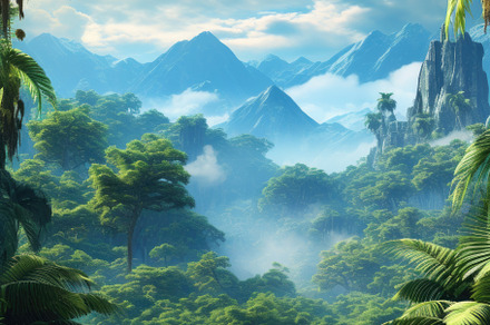 Tropical jungle with river and mountains under blue sky natural, a Photo by Dvoevnore photos