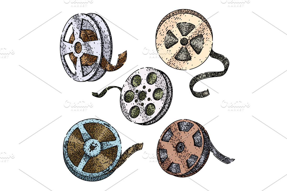 film projector reel set sketch hand, an Illustration by pikepicture