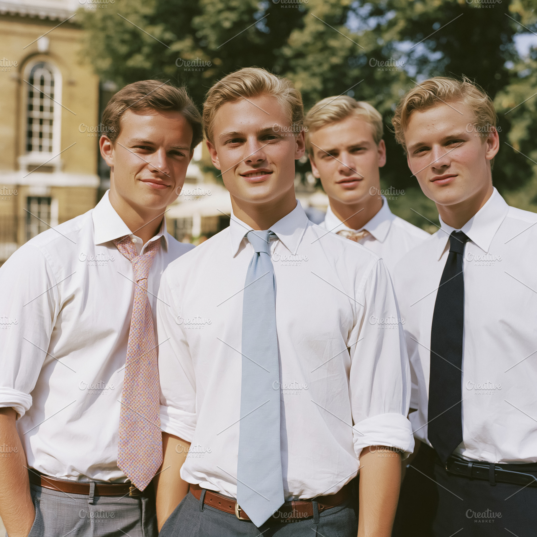 Group of young handsome men posing outdoors wearing white shirts, a Person Photo by Studio ANNA