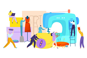 Tiny people with sewing accessories