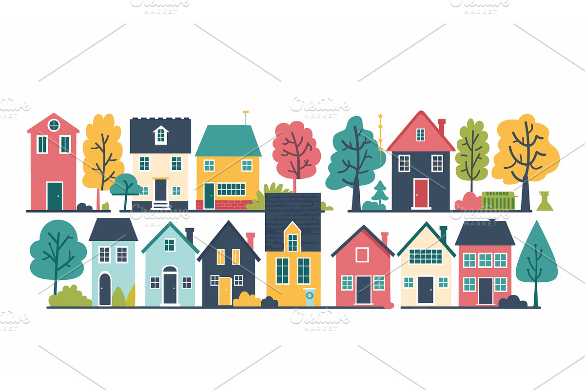 Colorful suburban homes flat design, an Object Illustration by Vectorstockersland