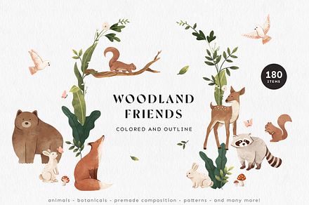 Woodland Animals: colored & outline, an Animal Illustration by imajineko