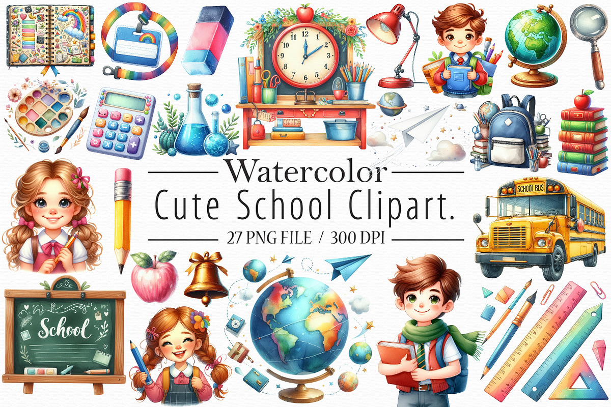 Watercolor School Clipart, an Illustration by Libby Wishes (Photo 1 of 6)