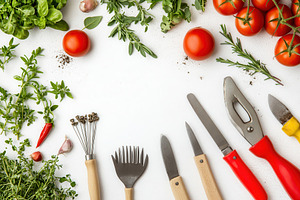 Essential gardening tools on white, a Photo by Pavel_design