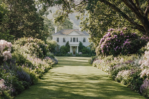 Elegant house front with a lush green lawn and flowering garden pathway leading, a Photo by Studio ANNA