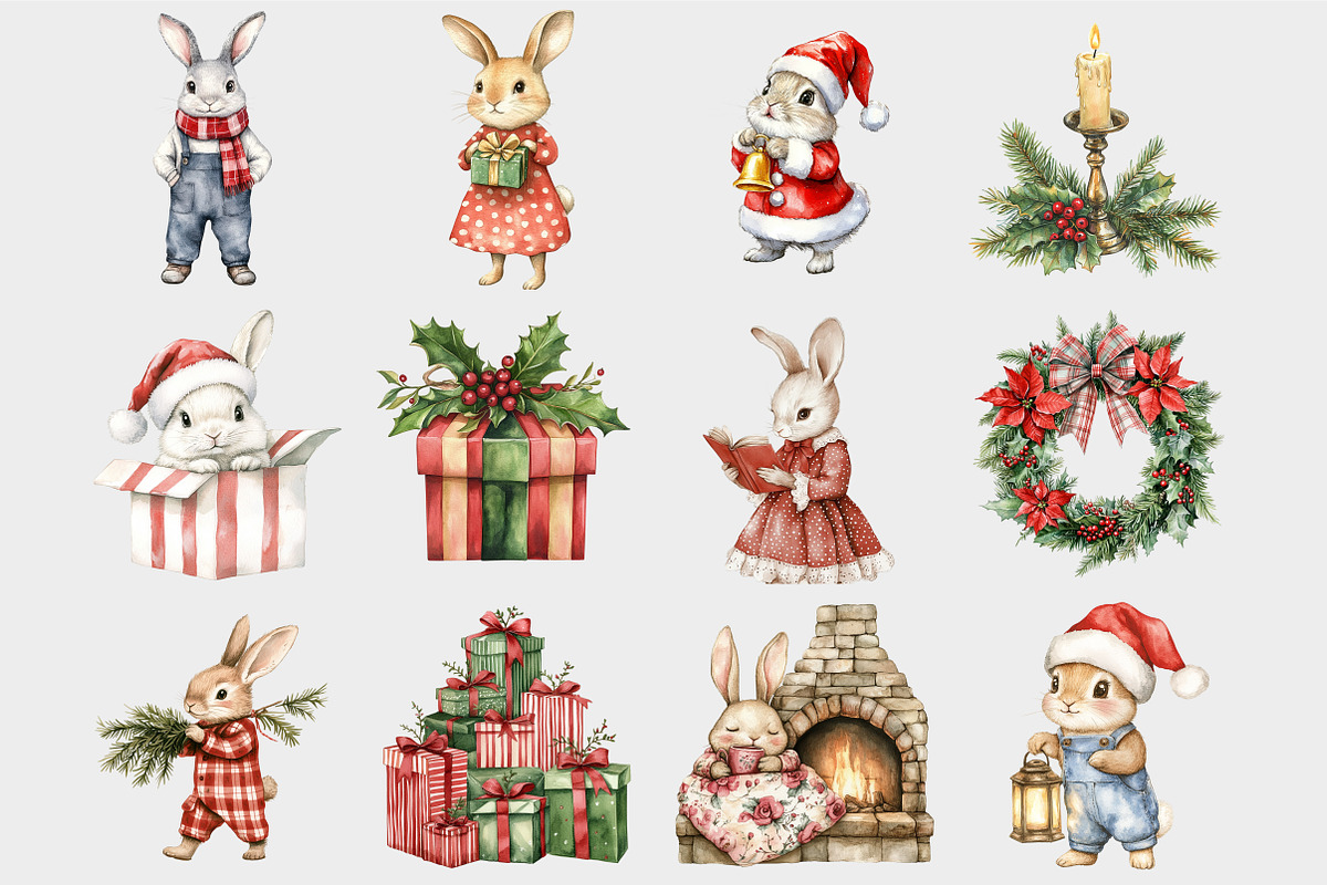 Watercolor Christmas Bunny Clipart, a Seasonal Illustration by Design Market (Photo 5 of 5)
