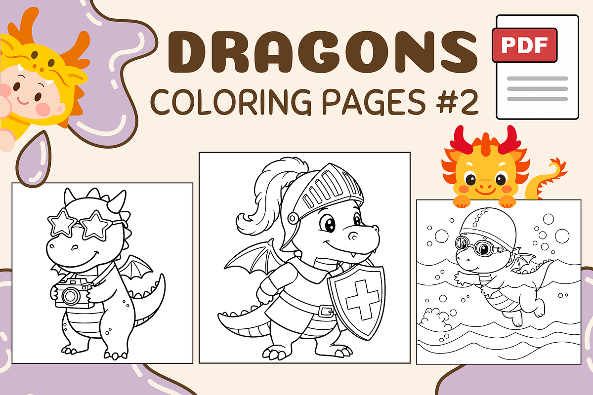 Dragons Coloring Pages #2, an Animal Illustration by Inkivelle Studio