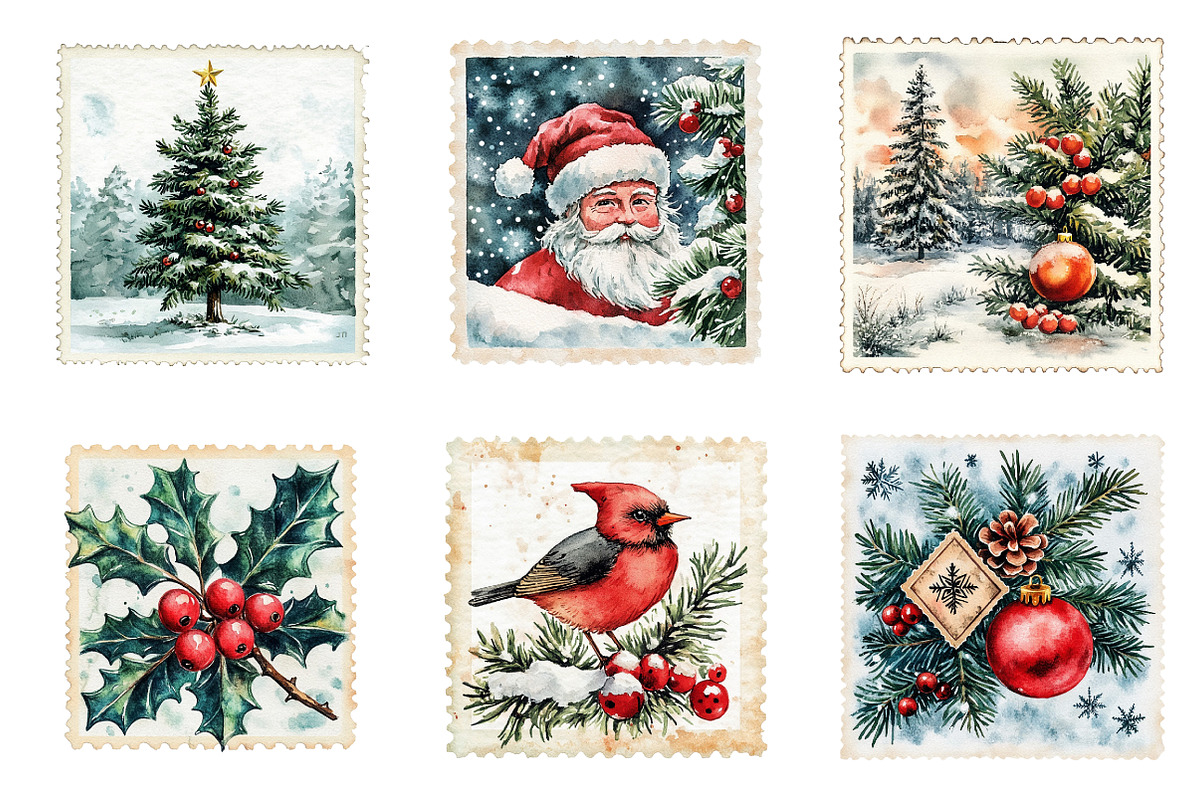 Vintage Christmas Stamps Png Bundle, an Illustration by SinaCreation (Photo 4 of 7)