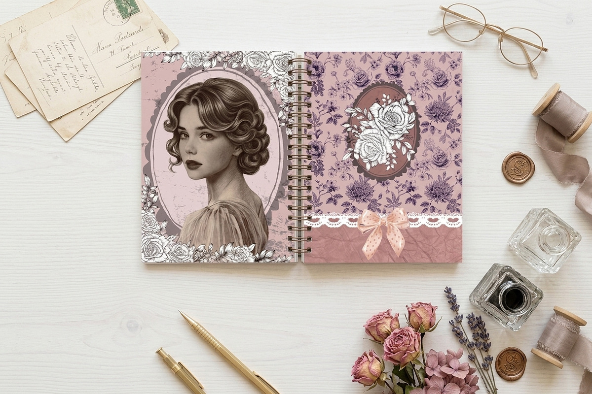 Vintage Portrait Notebook Covers PNG, a Decorative Illustration by Pink_bloom (Photo 4 of 13)