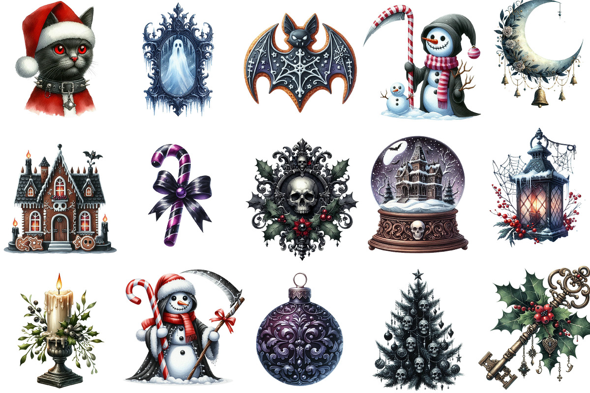 Gothic Christmas Watercolor Clipart, an Illustration by Designking (Photo 2 of 5)