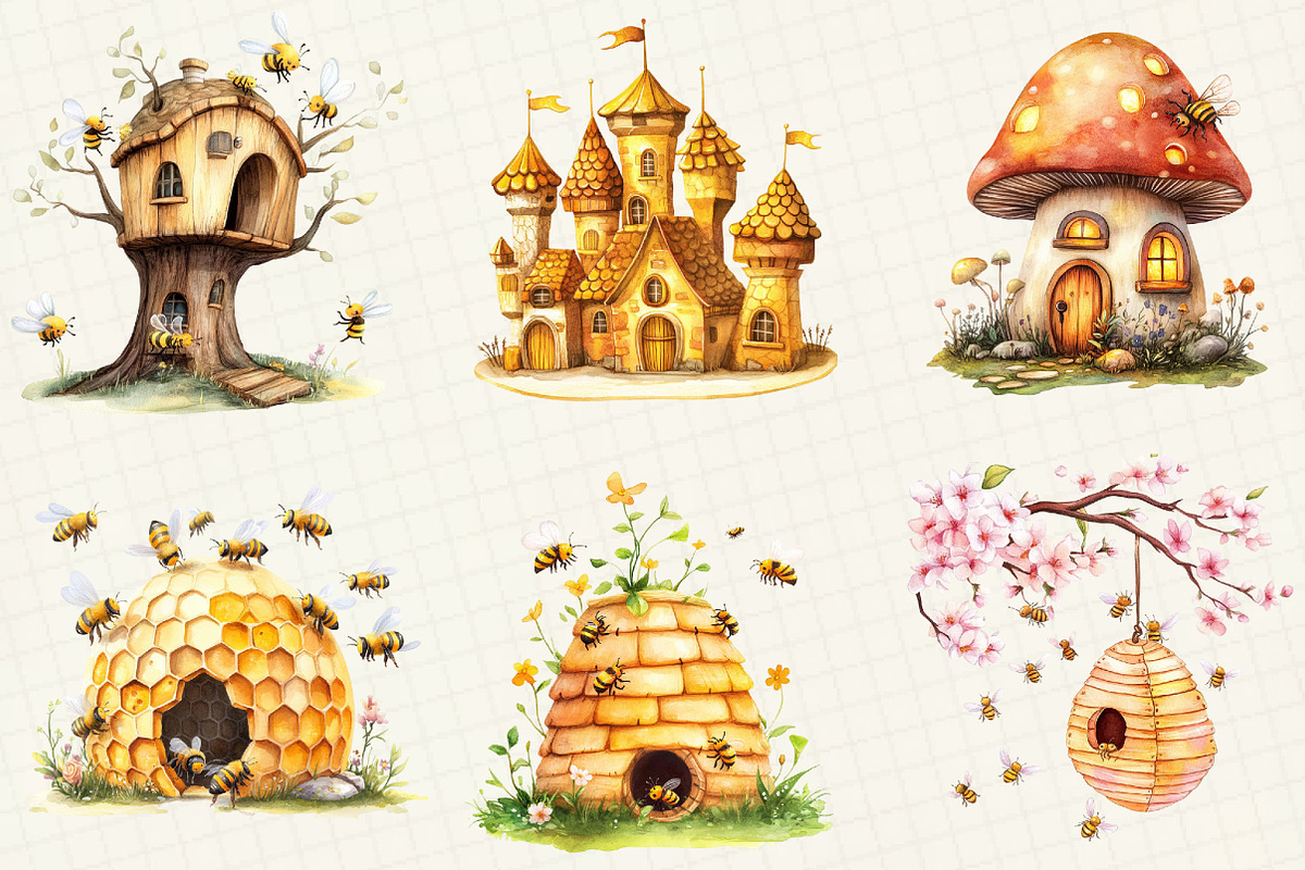 Watercolor Bee Home Clipart, an Illustration by OK Design (Photo 2 of 5)