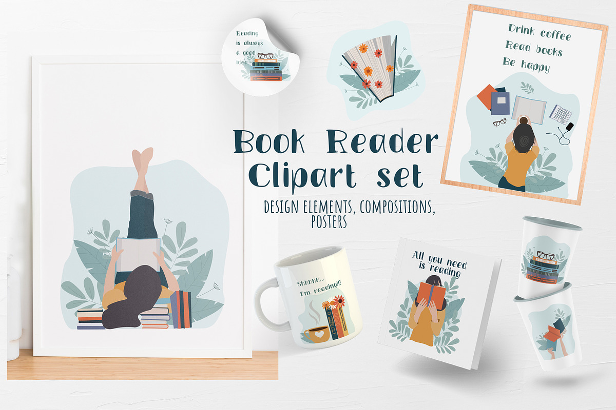 Book reader set. Girl with book., an Illustration by Julia Shop (Photo 1 of 6)