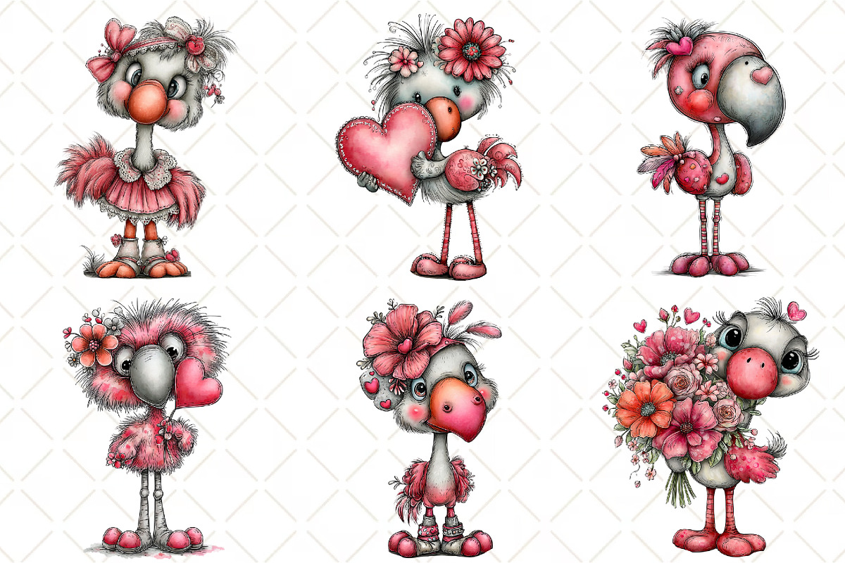 Whimsical Valentine Flamingo Clipart, an Illustration by Black Bird Studio (Photo 5 of 6)