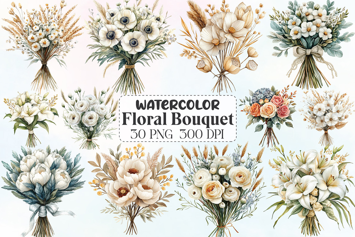 White Boho Wedding Floral Bouquet, an Illustration by CraftArtStudio (Photo 1 of 6)