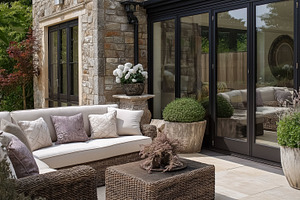Outdoor patio lounge area featuring comfortable wicker furniture, decorative pl, an Architecture Photo by Studio ANNA