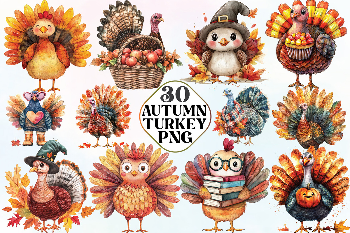 Watercolor Autumn Turkey Clipart, an Illustration by CraftArtStudio (Photo 1 of 6)