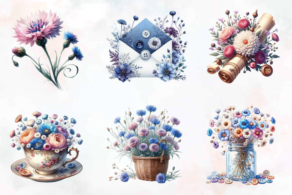 Bachelor Buttons Flower Cliparts, an Illustration by RobertsArt (Photo 2 of 7)