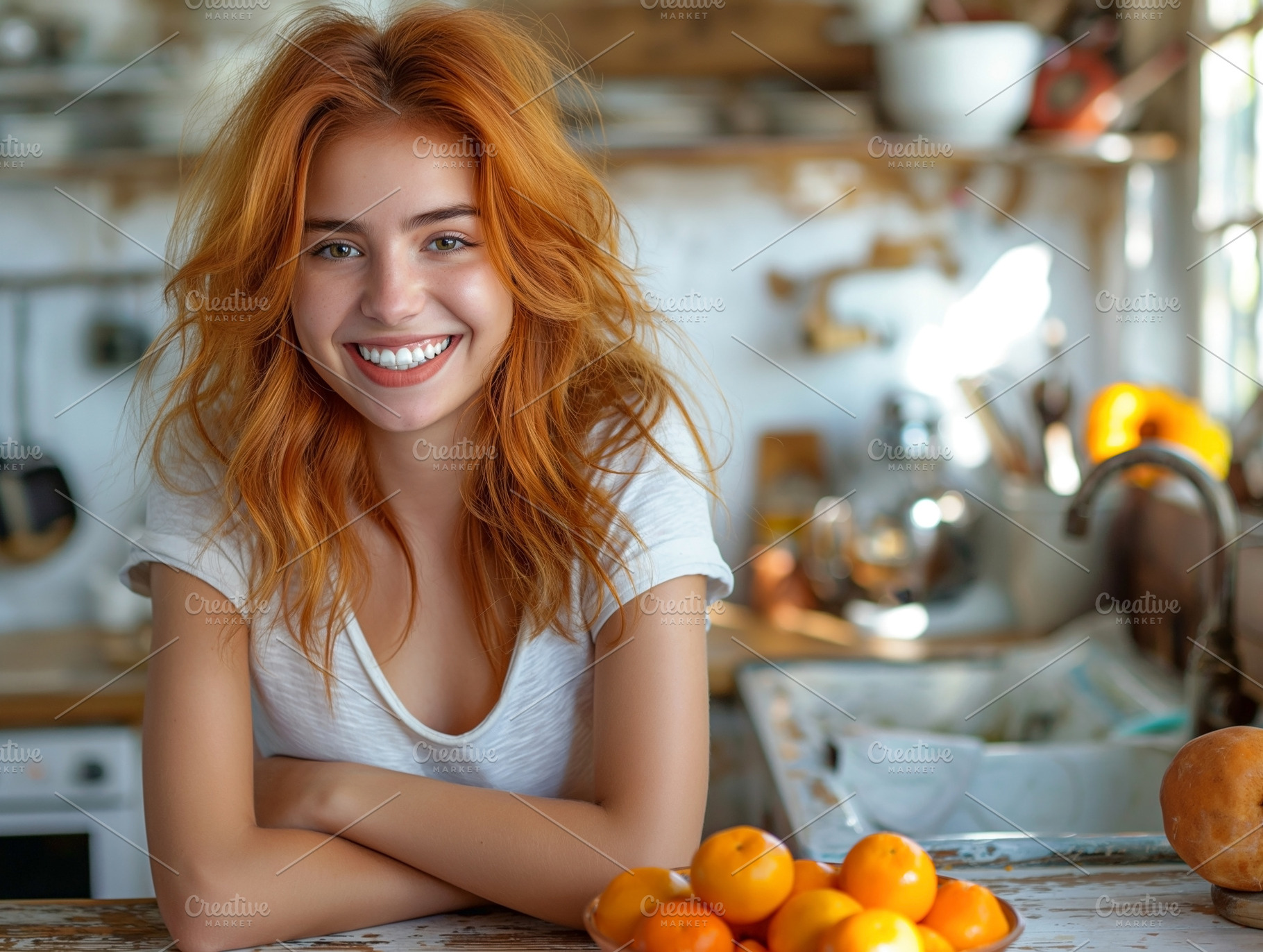 Smiling Caucasian woman with orange hair enjoys a sunny kitchen surrounded by f, a Person Photo by ImageMir