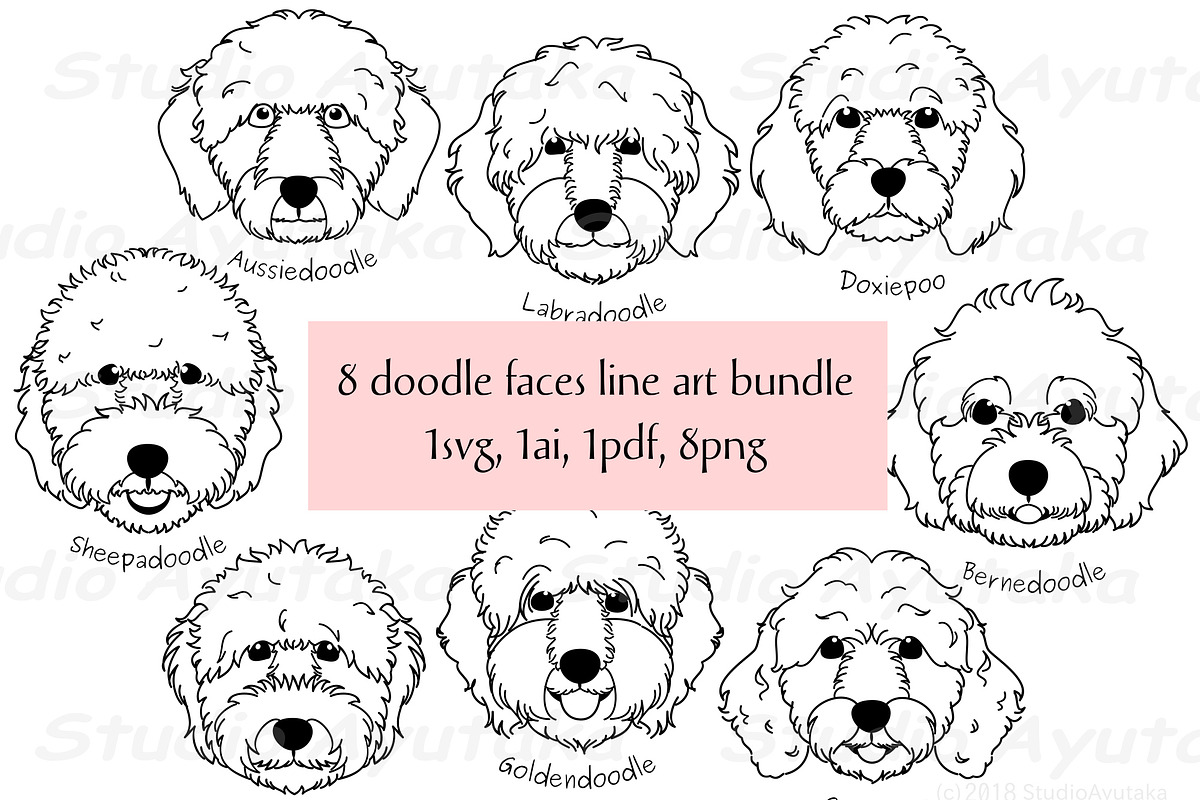 8 doodle dog heads line arts, a Graphic by dogsinarow (Photo 1 of 2)