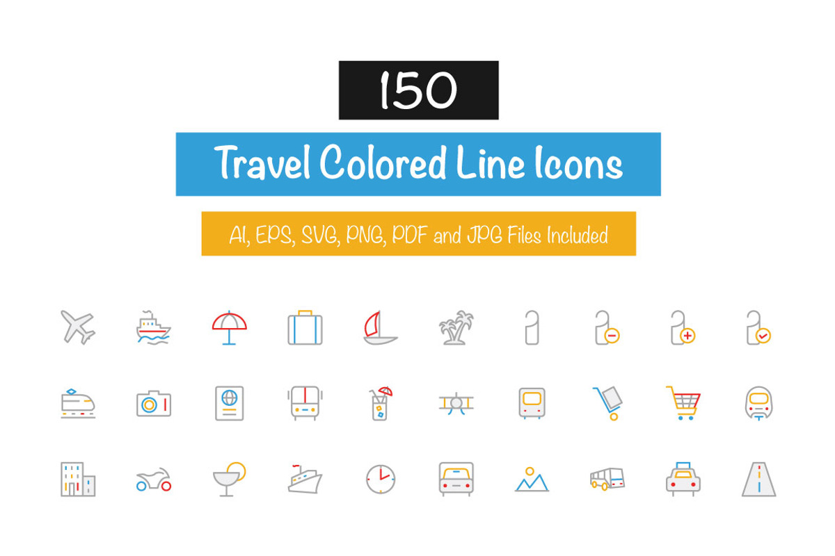 150 Travel Colored Line Icons, an Outline Icon by Creative Stall (Photo 1 of 3)