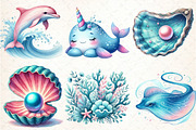 Watercolor Blue & Pink Sea Life Clip, an Illustration by DreamCafeArt (Thumbnail 3 of 4)