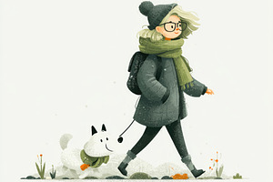 Woman walking dog in winter outdoor lifestyle illustration, a Person Photo by José Manuel Gelpi