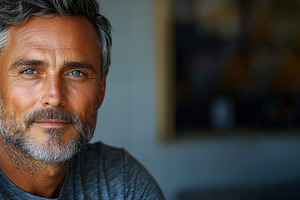 Mature man with gray hair and beard wearing casual shirt looking, a Person Photo by José Manuel Gelpi
