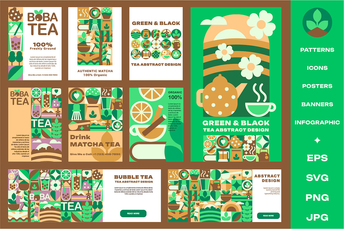 Tea Geometric Mosaic Design Set, a Food Illustration by Lettering_Logo (Photo 2 of 7)