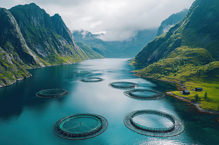 Fish farms in a Norwegian fjord surr, a Background Photo by Pixeness