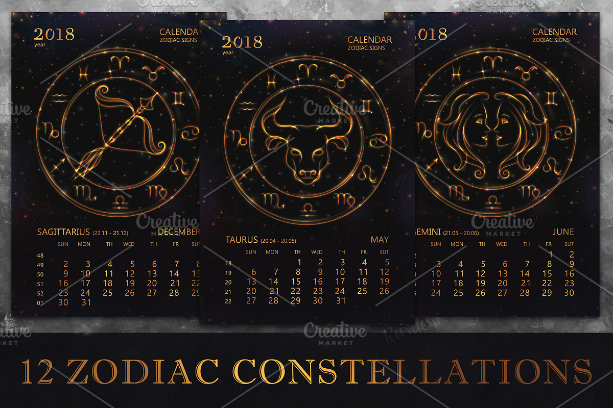 SET / 2018 CALENDAR / golden ZODIACS, a Texture Illustration by Nadin_Lebedeva (Photo 5 of 11)