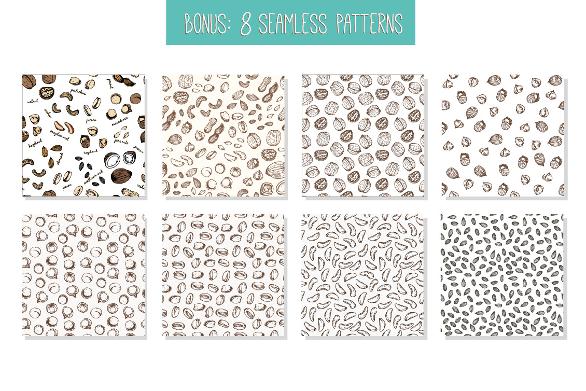 Nuts and seeds with seamless pattern, a Food Illustration by Tatti Graphic Studio (Photo 3 of 3)