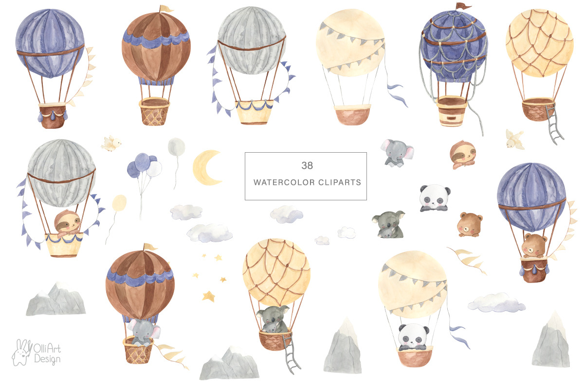 HOT AIR BALLOON clipart. Watercolor, an Animal Illustration by OlliArtDesign (Photo 2 of 5)