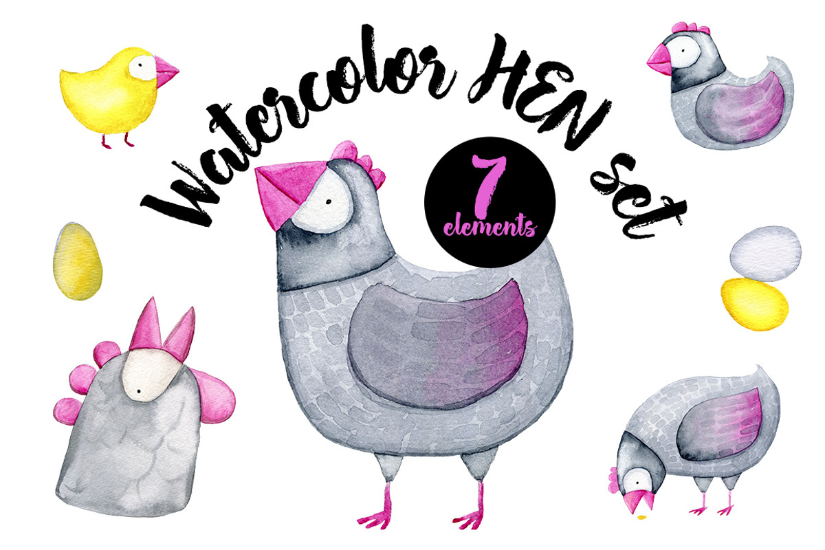 Watercolor Hen set, an Animal Illustration by Bibela (Photo 1 of 3)