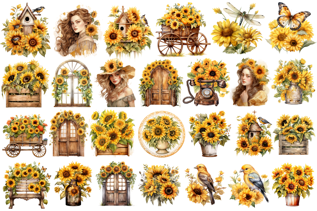 Vintage Victorian Sunflowers Clipart, an Object Illustration by Digital Xpress (Photo 2 of 3)