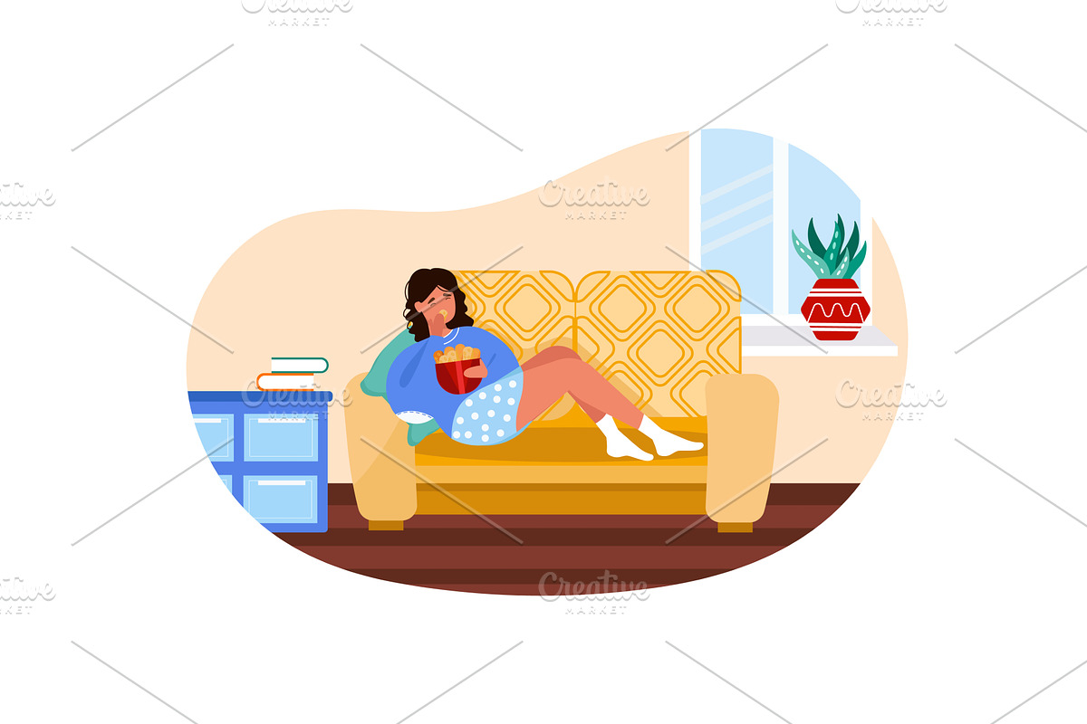 Woman eating nuggets lying on home, a Person Illustration by vectorpointstudio