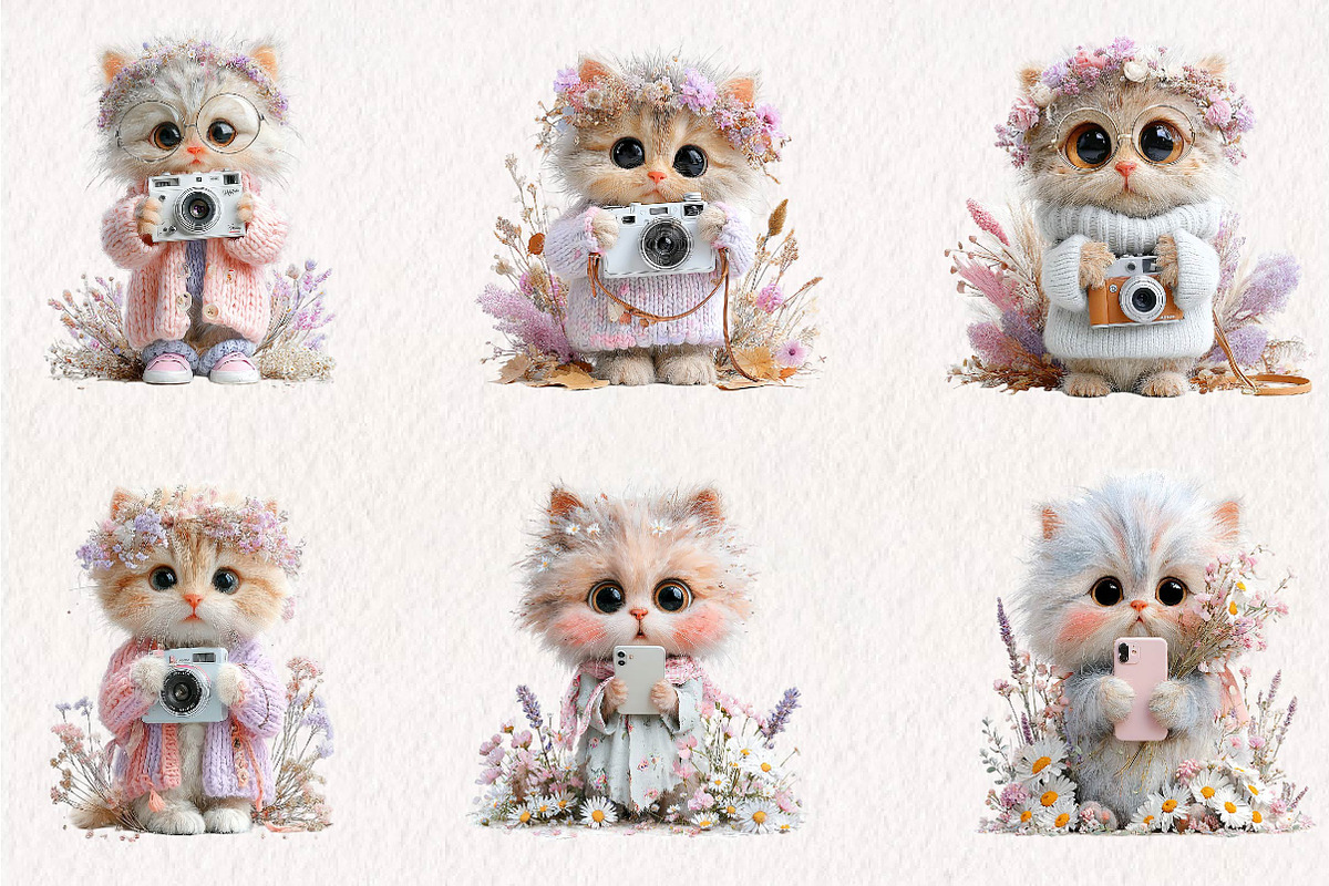 whimsical-boho-selfie-kitten-clipart, a Seasonal Illustration by CreationArt (Photo 3 of 7)