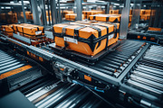An automated conveyor system transporting orange and black packages in a wareho, an Industrial Photo by Textures & Backgrounds (Thumbnail 2 of 2)