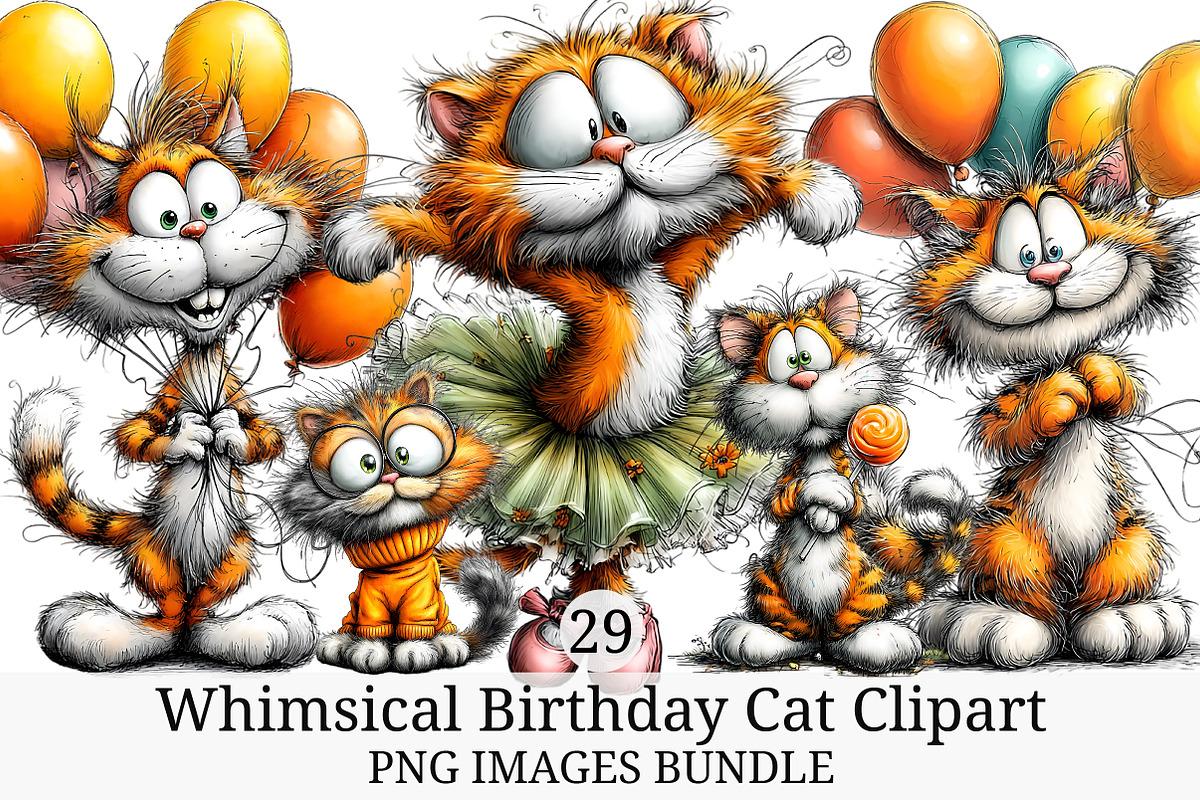 Whimsical Birthday Cat Clipart, an Illustration by Craft Nest (Photo 1 of 9)