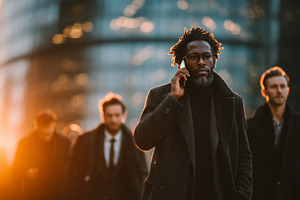 Confident professionals commuting through the city during a vibrant sunrise, a Business Photo by AS photostudio