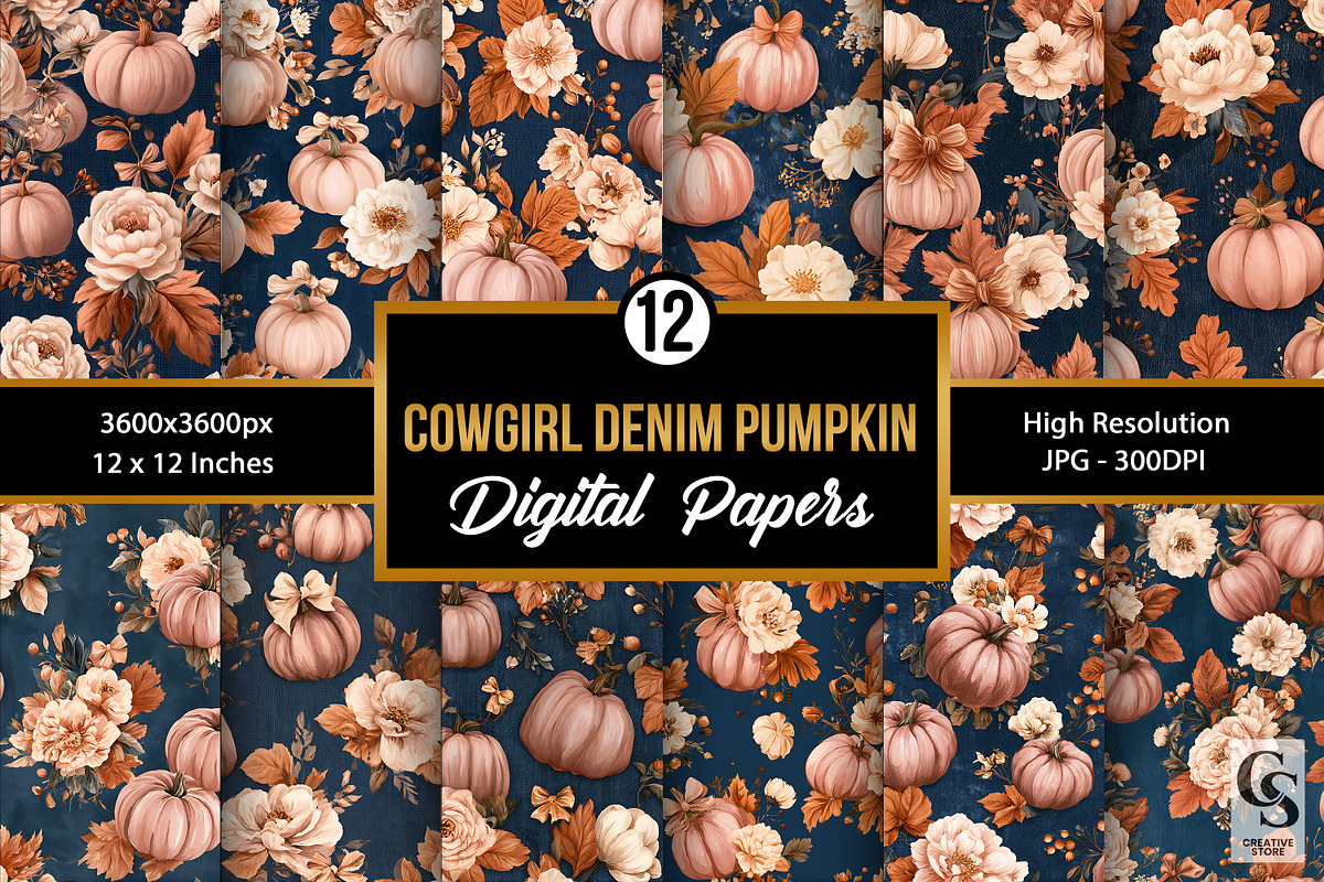 Cowgirl Denim Pumpkin Digital Paper, a Pattern Graphic by Creative Store (Photo 3 of 5)